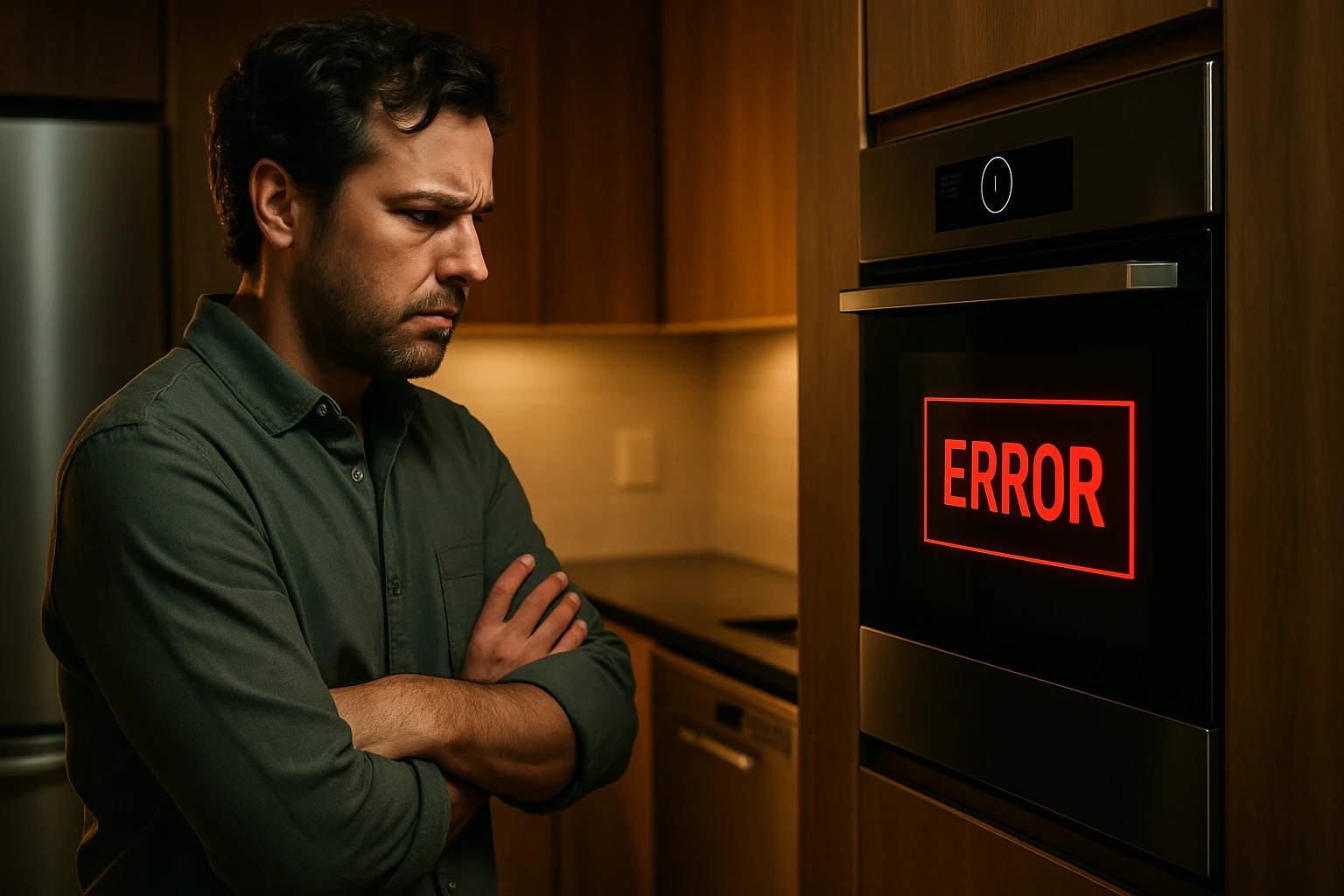 Frustrated homeowner looking at a smart appliance with connectivity issues