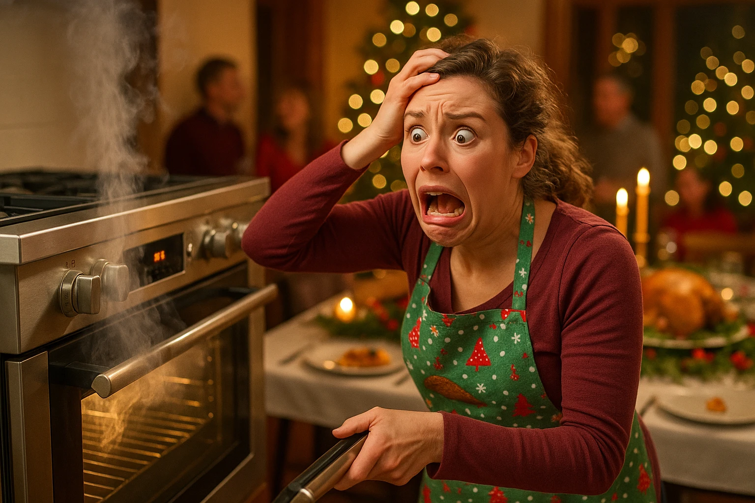 A person looking stressed in a kitchen with a smoking oven, representing a holiday appliance disaster.