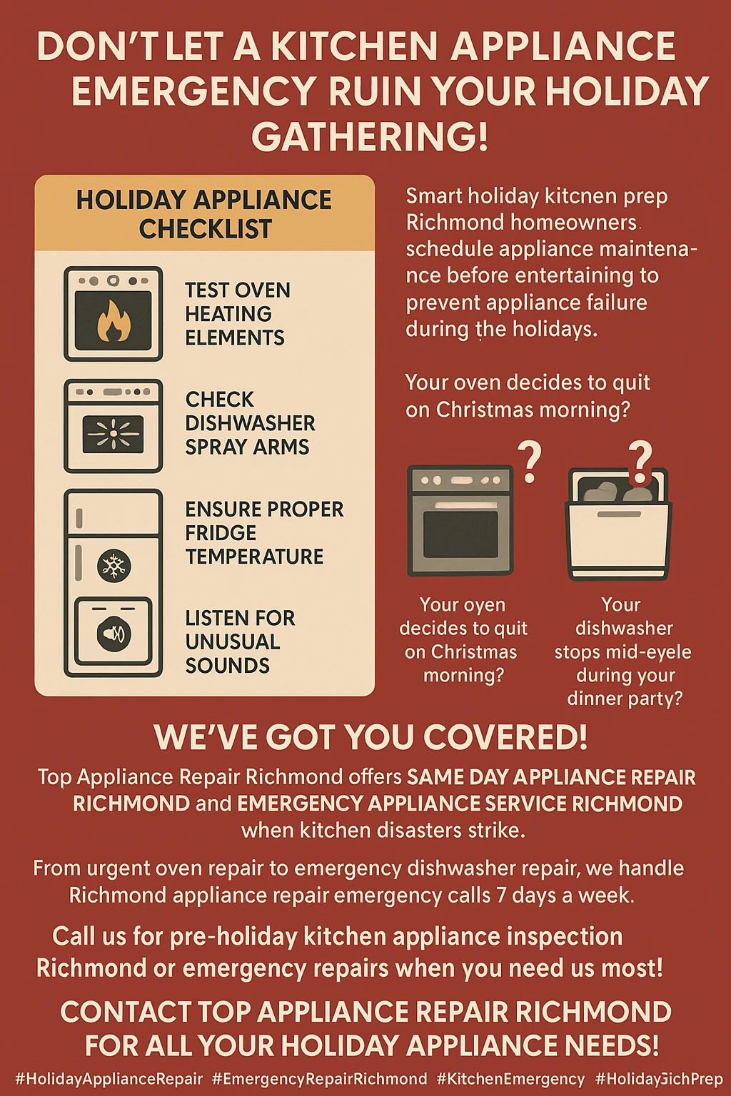Infographic showing tips for holiday kitchen preparation and handling appliance emergencies