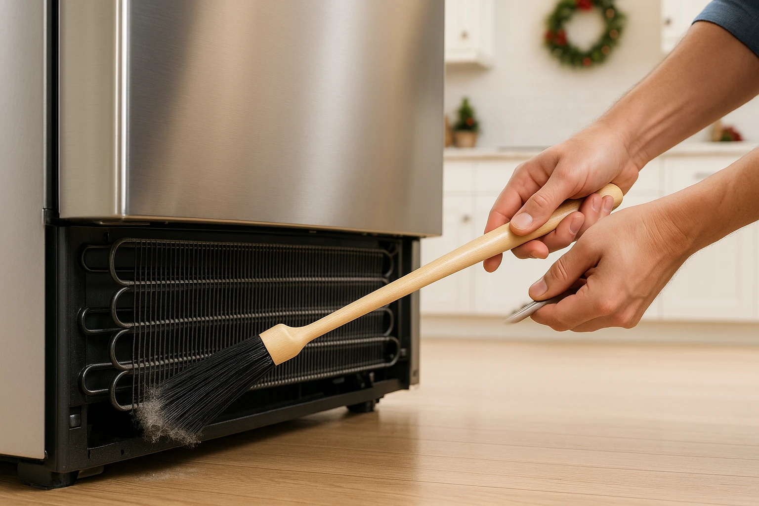 Technician performing preventative maintenance on a kitchen stove.