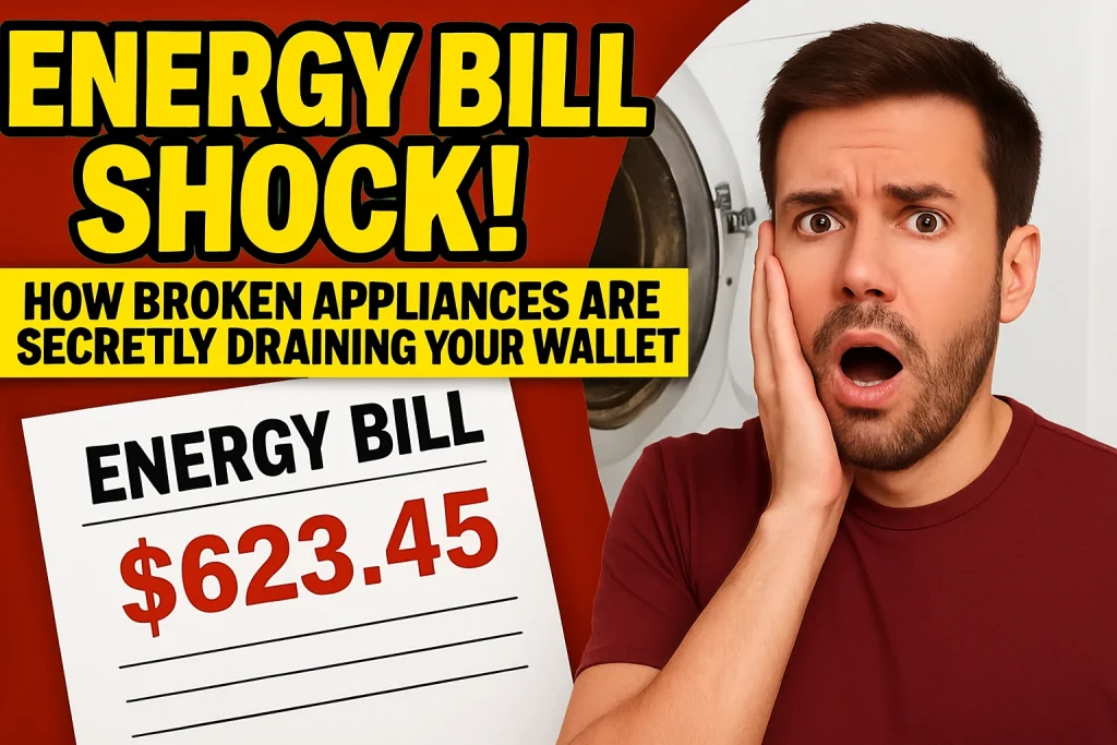 A man in a red shirt looks shocked while holding his face next to a washing machine, with dramatic text reading "ENERGY BILL SHOCK!" and "HOW BROKEN APPLIANCES ARE SECRETLY DRAINING YOUR WALLET" alongside a mock energy bill showing $623.45.