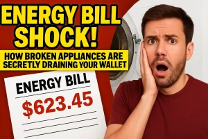 A man in a red shirt looks shocked while holding his face next to a washing machine, with dramatic text reading "ENERGY BILL SHOCK!" and "HOW BROKEN APPLIANCES ARE SECRETLY DRAINING YOUR WALLET" alongside a mock energy bill showing $623.45.