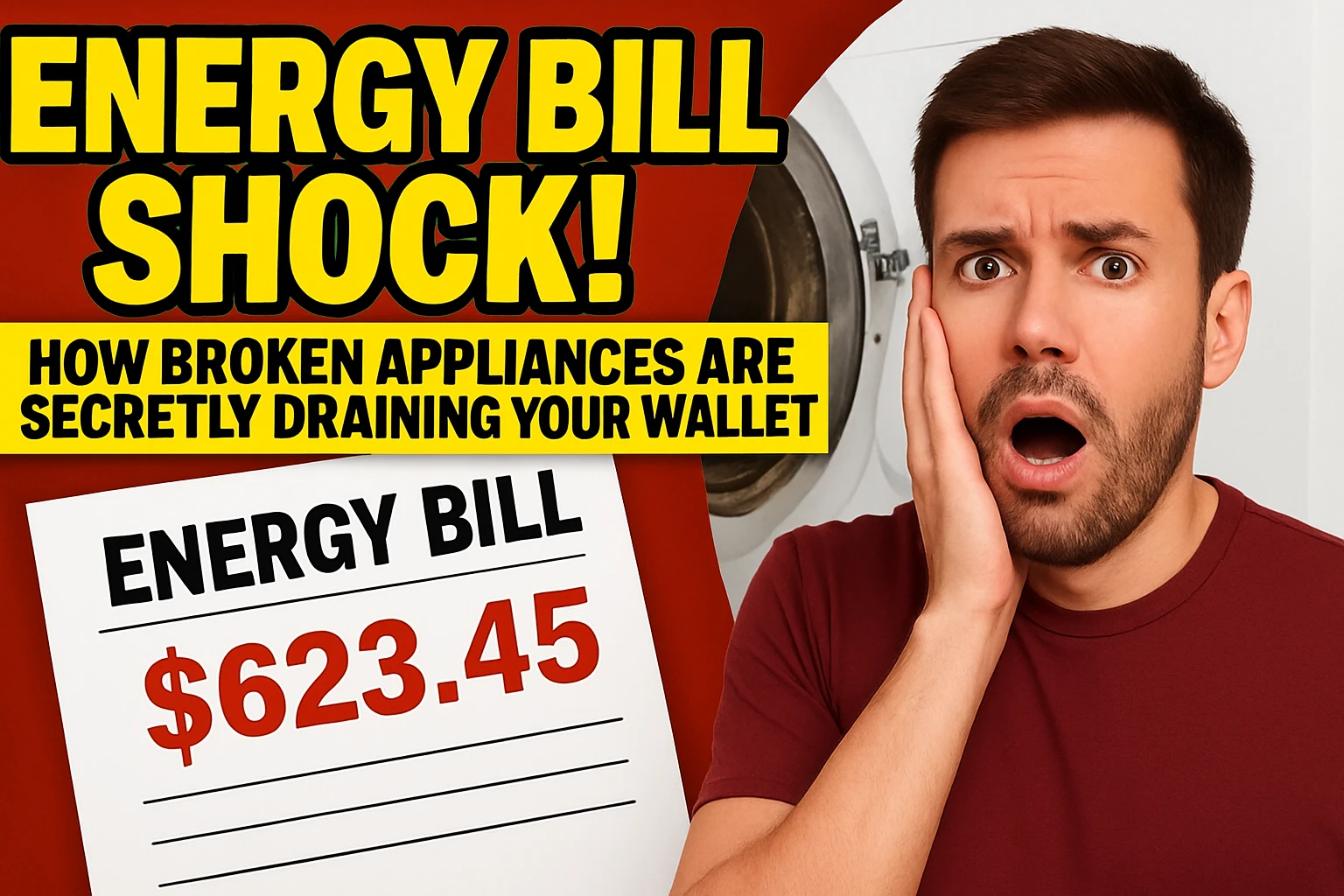 A man in a red shirt looks shocked while holding his face next to a washing machine, with dramatic text reading "ENERGY BILL SHOCK!" and "HOW BROKEN APPLIANCES ARE SECRETLY DRAINING YOUR WALLET" alongside a mock energy bill showing $623.45.