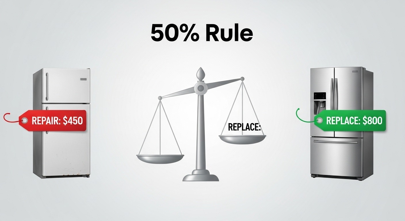 Infographic explaining the 50 percent rule for appliance repair vs replacement.