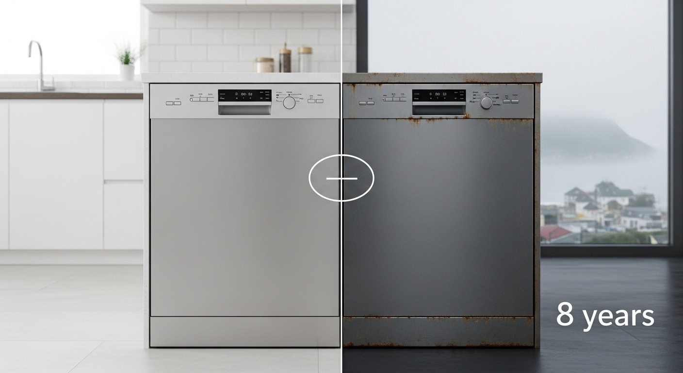 Diagram showing how coastal climate humidity affects home appliances.
