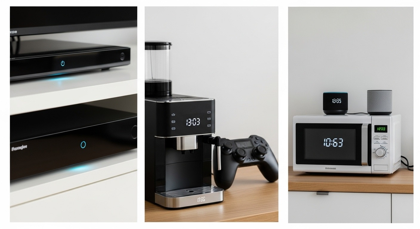 Collage of common phantom power appliances like TVs, game consoles, and coffee makers.