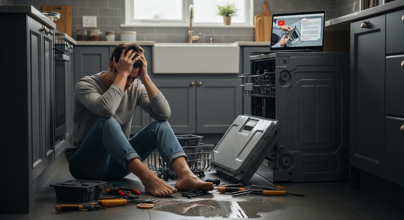 A frustrated person attempting a complex DIY appliance repair.