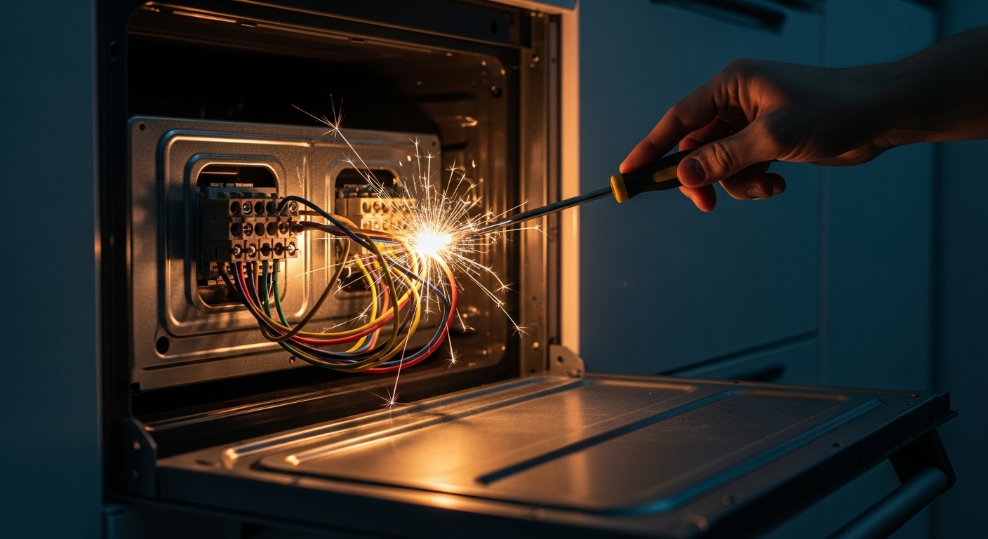 A warning sign showing the electrical hazard of DIY appliance repair.