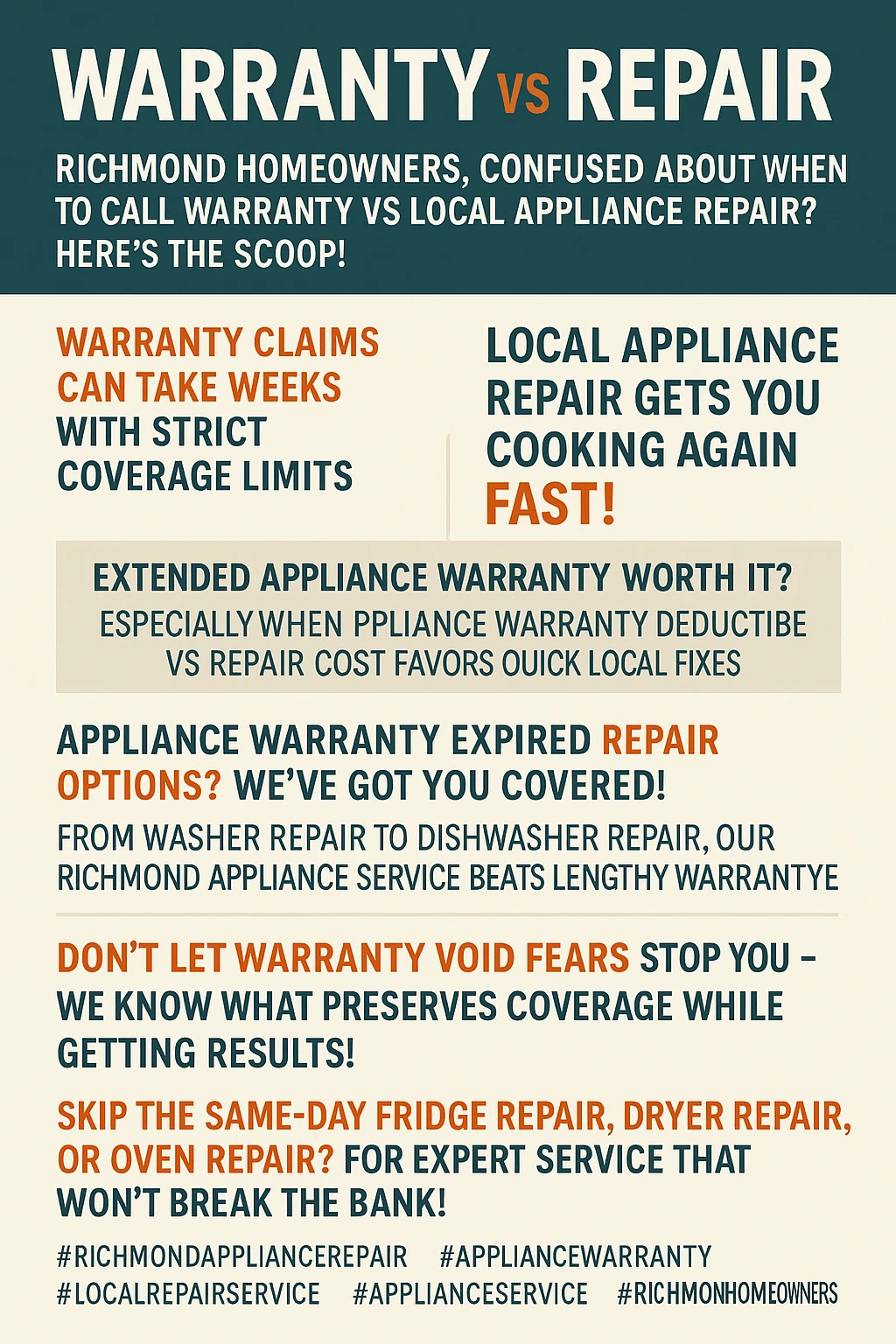 Infographic summarizing key takeaways for appliance warranty vs repair in Richmond.