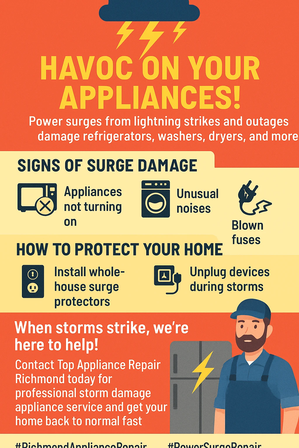Infographic showing key takeaways for appliance power surge damage in Richmond
