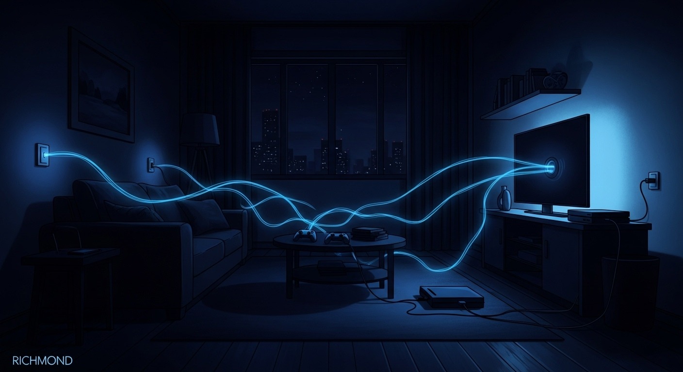 Illustration of energy vampires with fangs on a power outlet in a Richmond home.