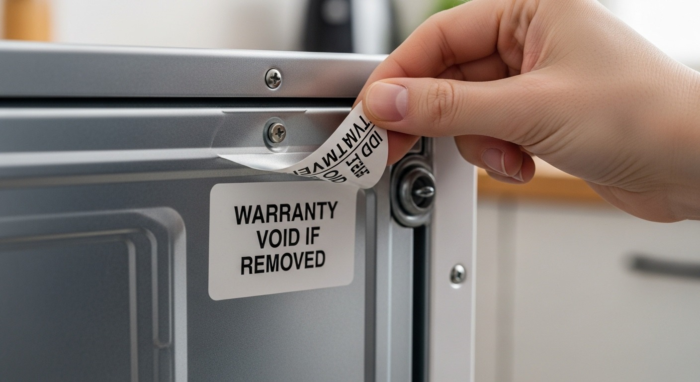 Magnifying glass over a 'warranty void if removed' sticker, illustrating the Magnuson-Moss Warranty Act.