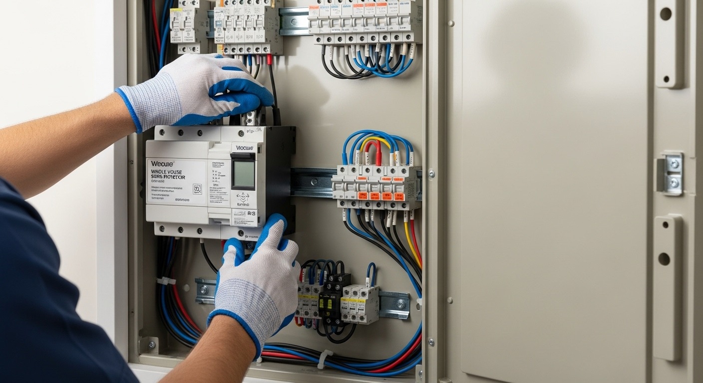 Electrician performing a whole house surge protector installation