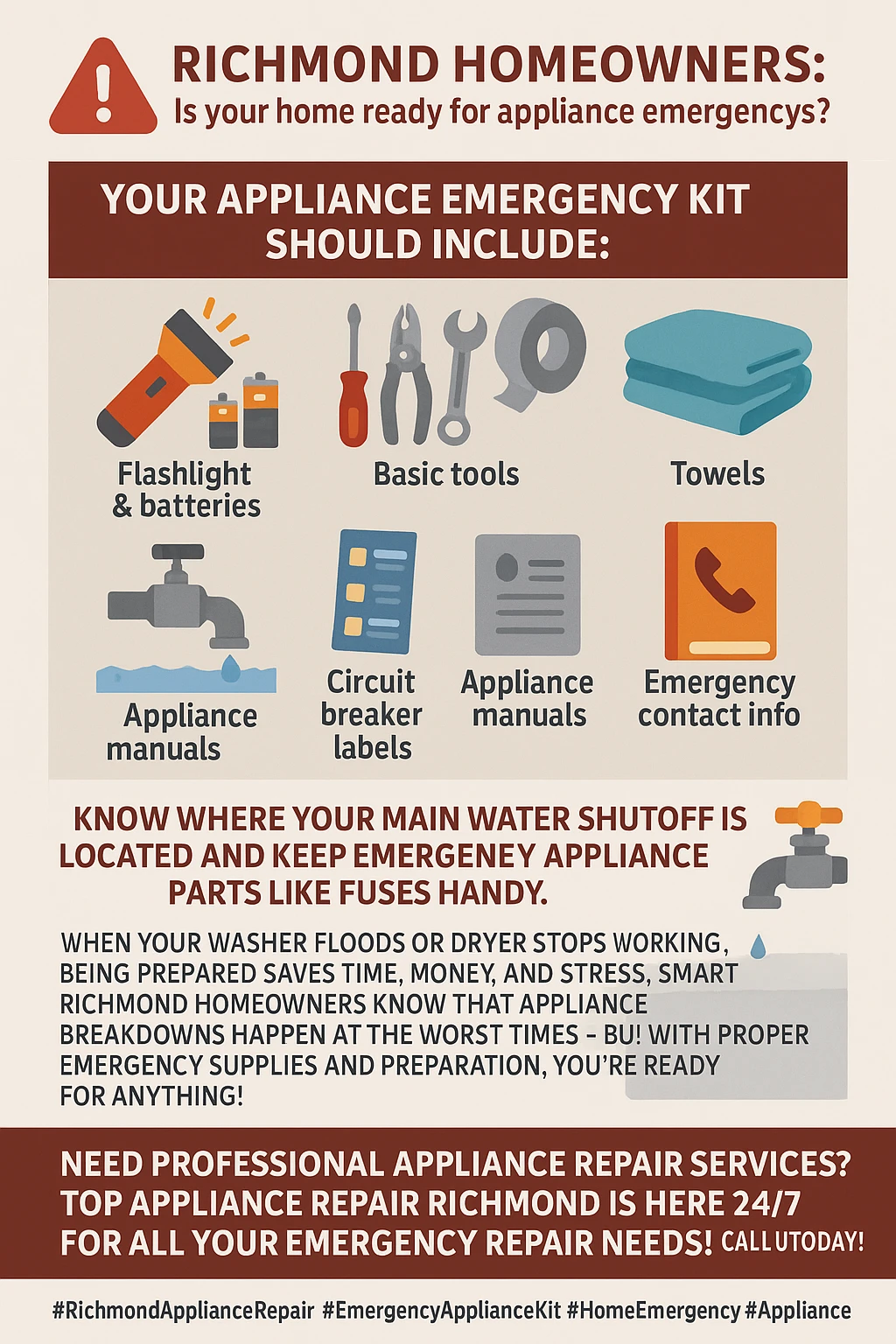 Infographic summary showing the essential items for a homeowner's appliance emergency kit in Richmond.