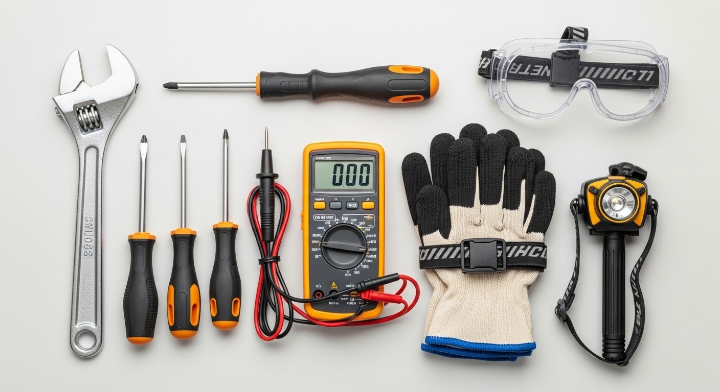 Essential tools for a homeowner's appliance emergency kit, including wrenches, pliers, screwdrivers, and a multimeter.
