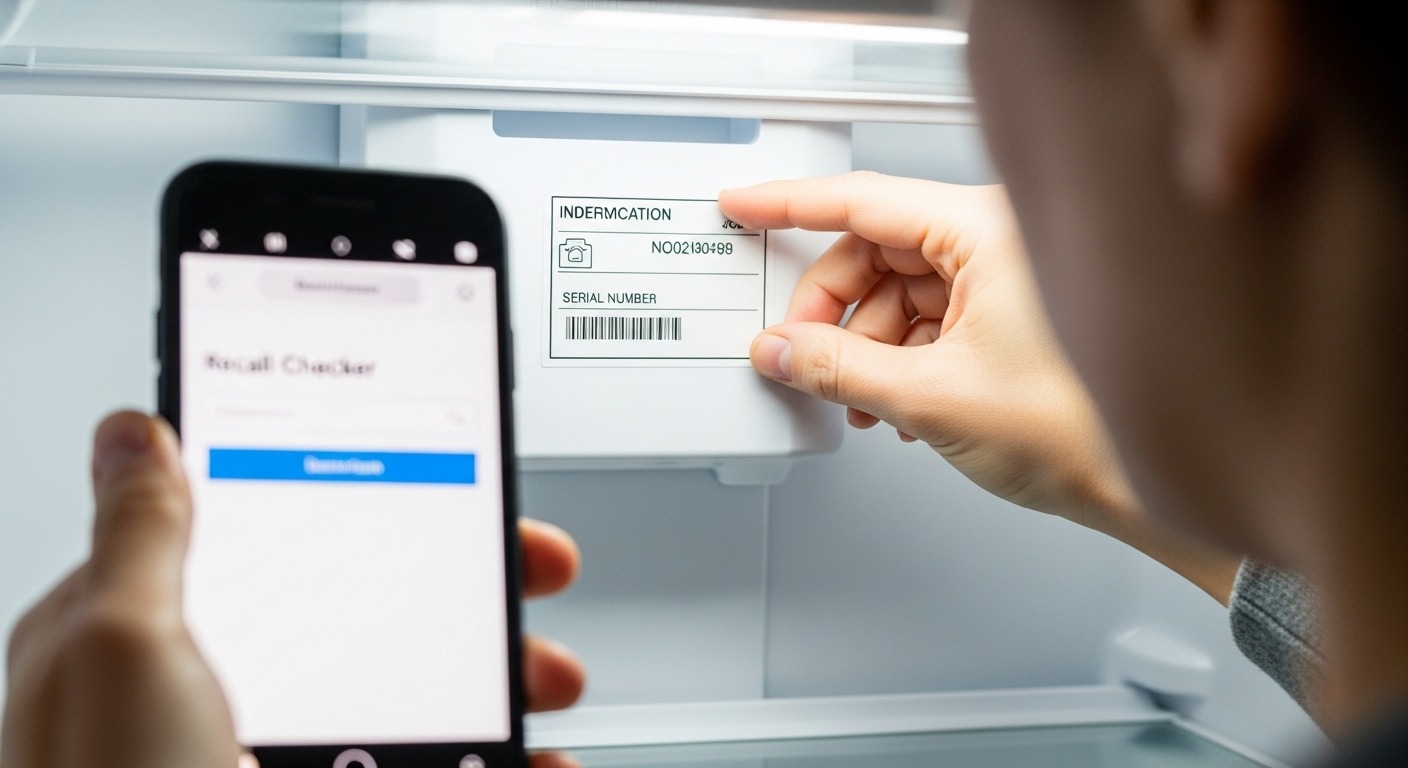 Close-up of a person checking an appliance model number sticker for recall information