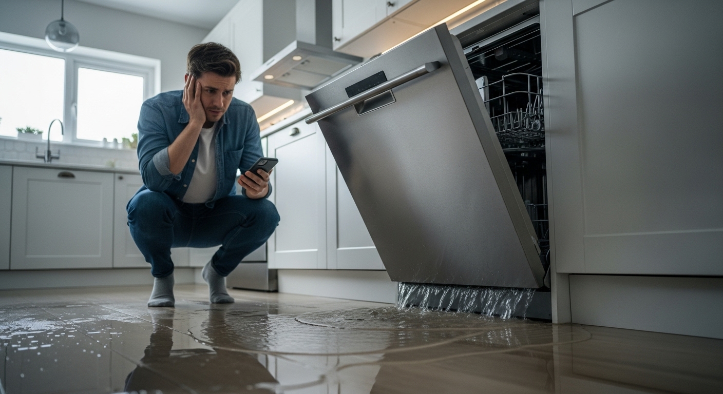 Frustrated homeowner with a leaking new dishwasher purchased on Black Friday