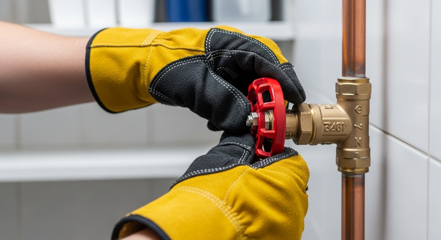 A homeowner shutting off the main water valve to their house during an emergency to prevent water damage.
