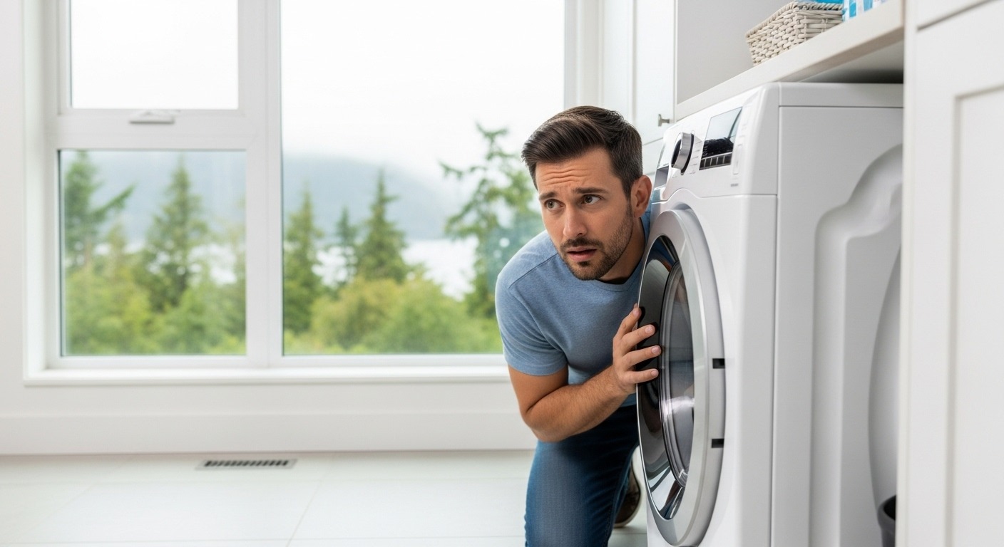 A homeowner in Richmond leans in to listen to a noisy home appliance to diagnose the sound.