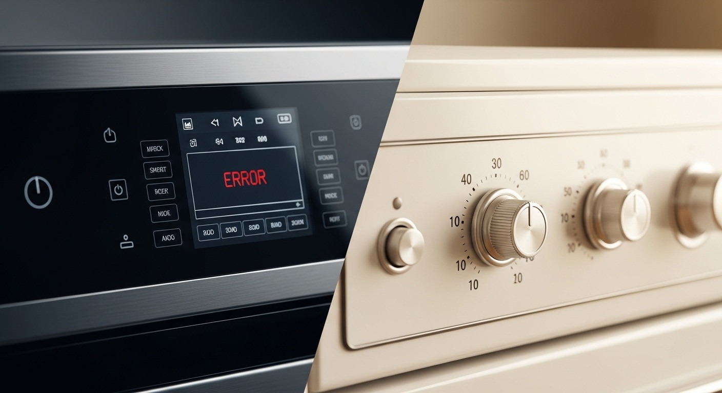 A comparison of simple analog appliance controls versus a complex digital display on appliances.