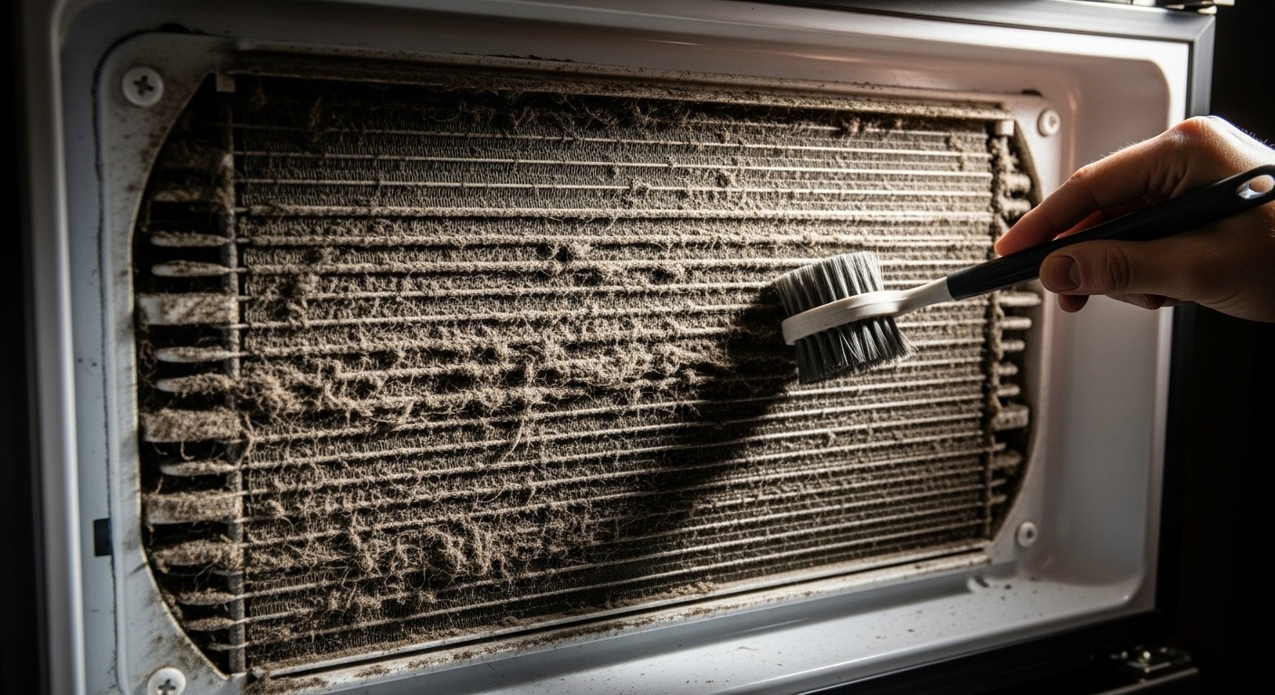 Dirty and dusty refrigerator condenser coils in need of cleaning