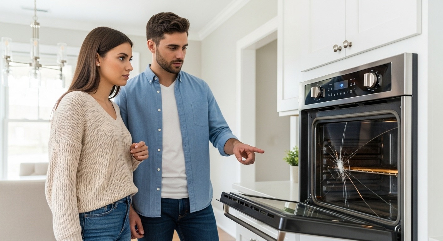 Disappointed homebuyer looking at a broken appliance in a Richmond kitchen.