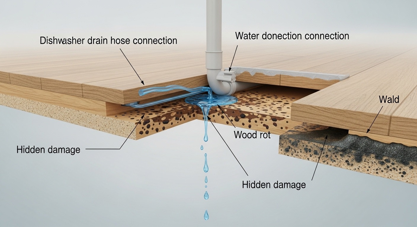 Water damage to a kitchen subfloor caused by a leaking dishwasher.