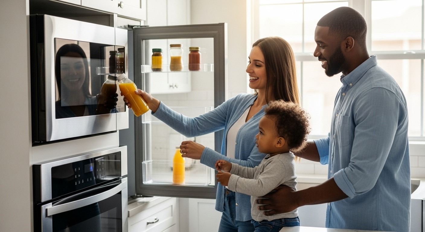 Happy family enjoying their new kitchen in a move-in ready Richmond home.