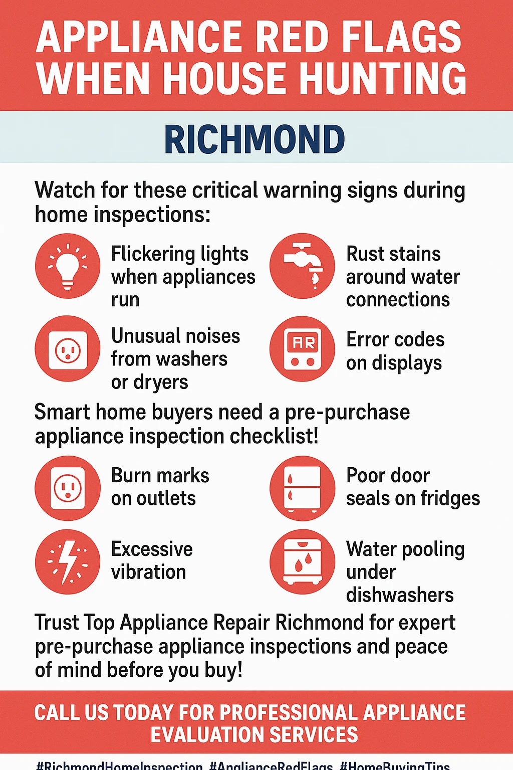 Infographic summarizing home inspection appliance red flags in Richmond.