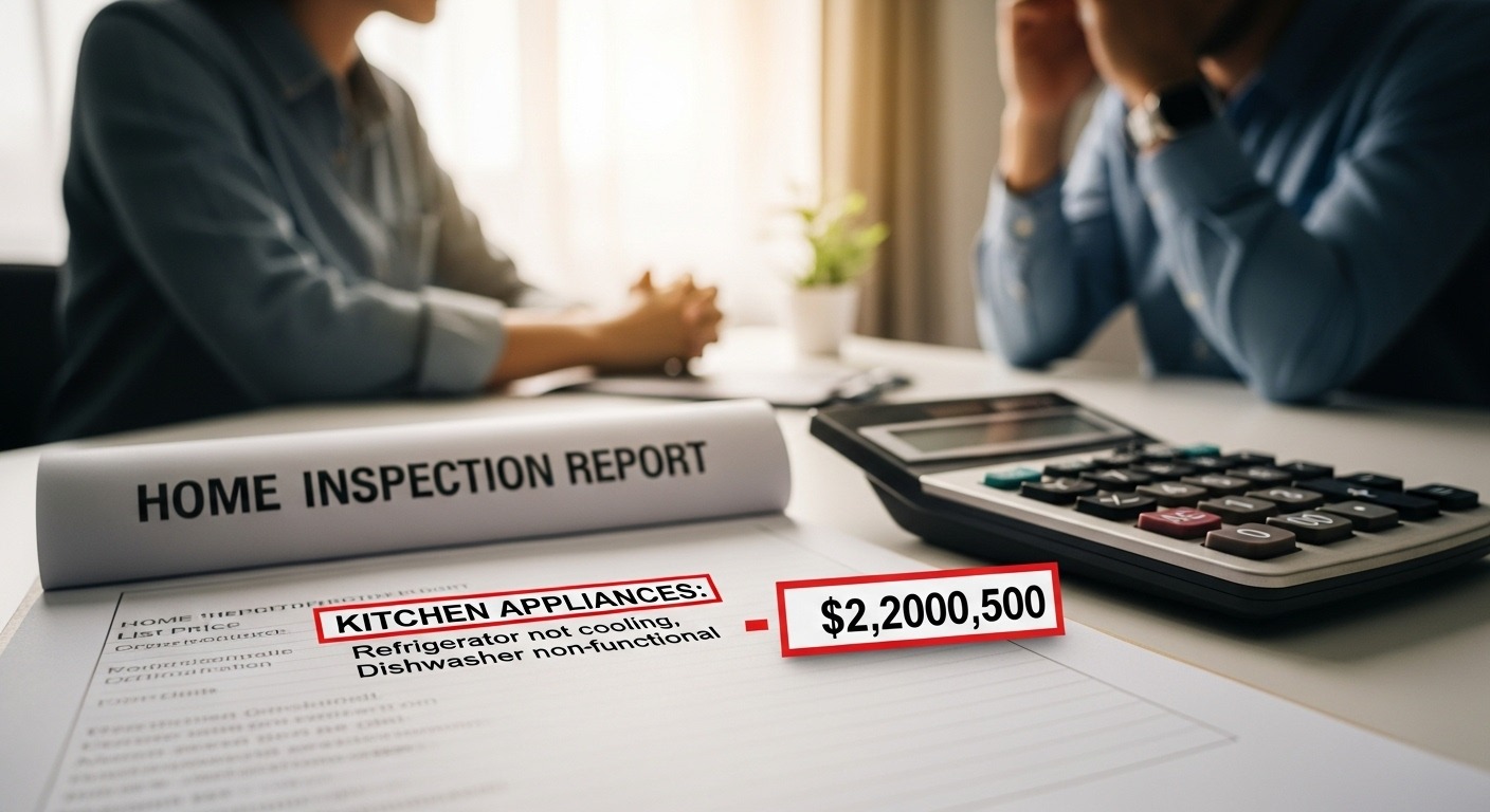 Illustration showing a home with broken appliance icons and a decreasing value graph.