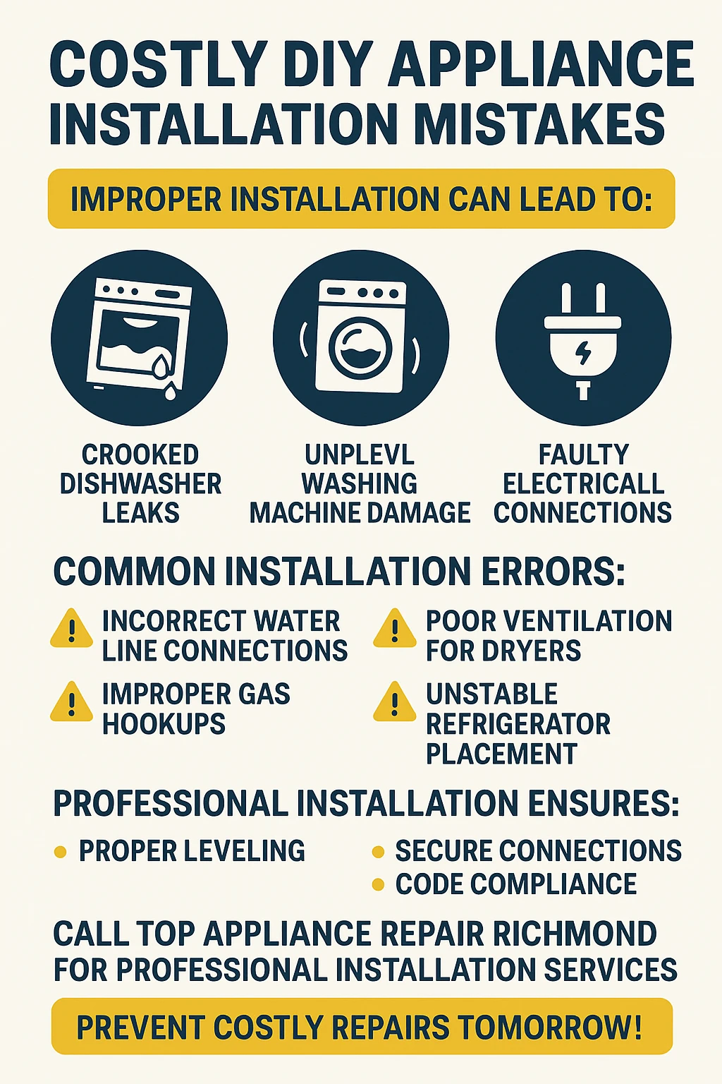 Infographic summarizing key takeaways about appliance installation mistakes in Richmond.