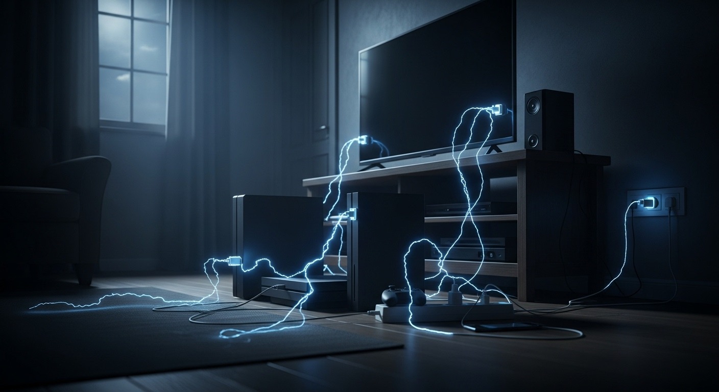 Multiple electronics plugged into a power strip, demonstrating phantom power draw