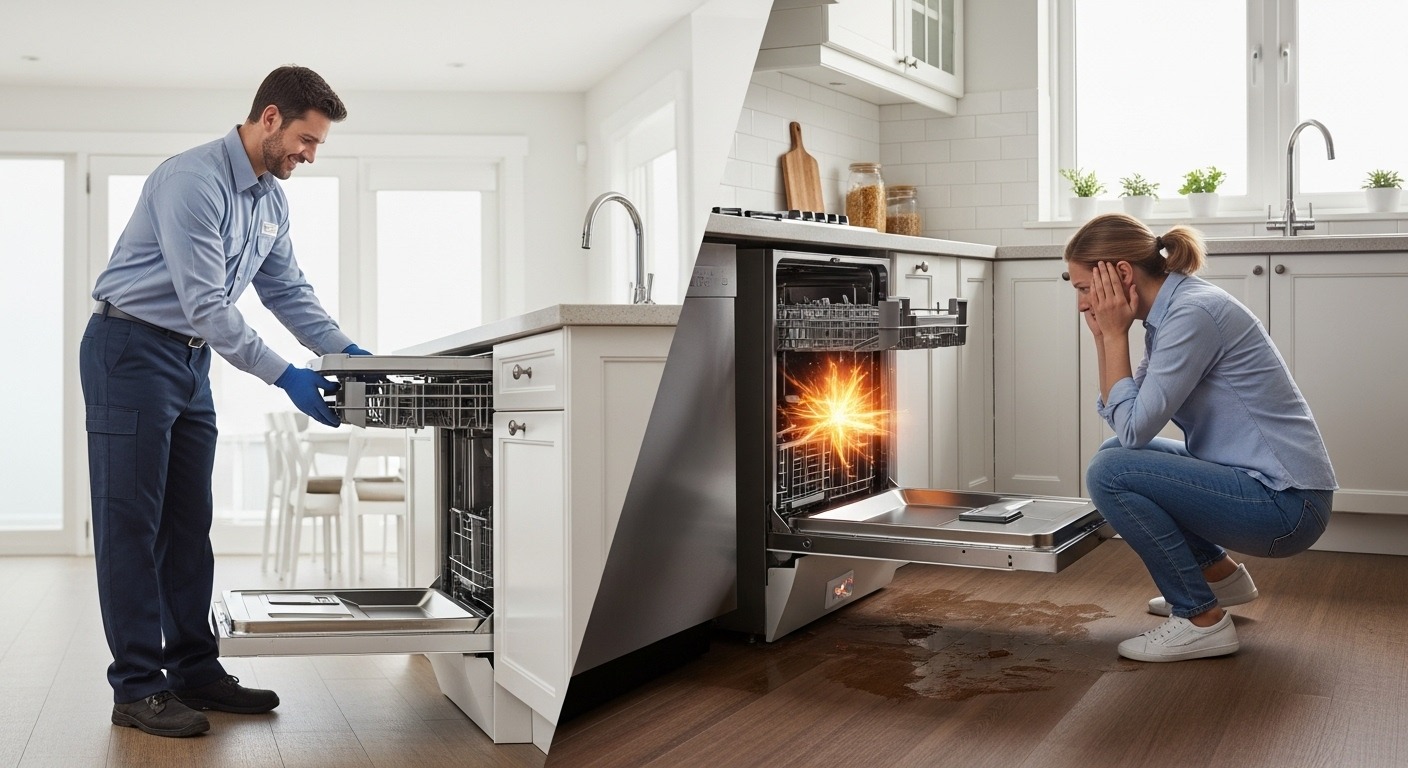 A DIY appliance installation mistake next to a professional installation.