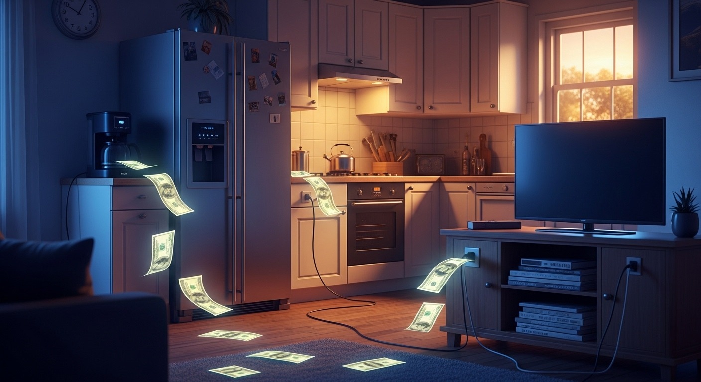 A collection of home appliances with dollar signs indicating energy waste