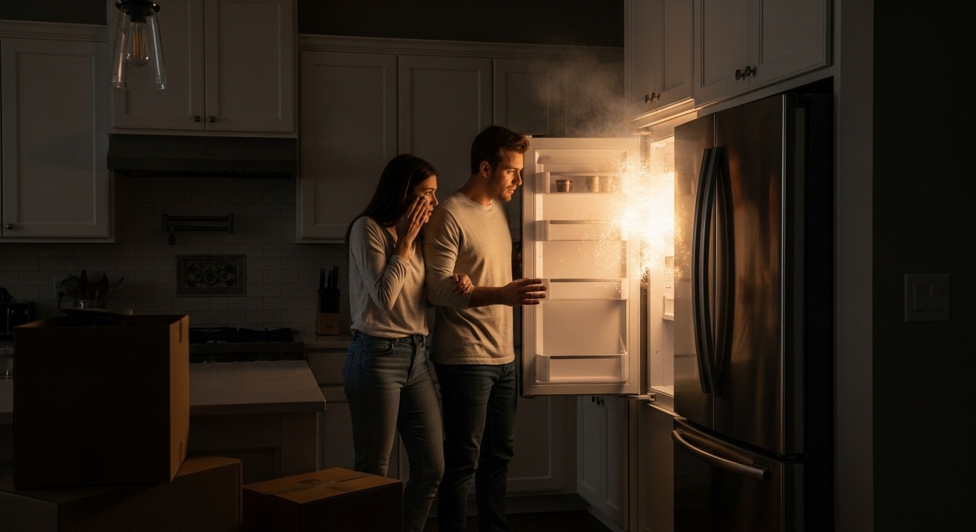 Stressed homeowner looking at a malfunctioning appliance representing a home appliance nightmare.