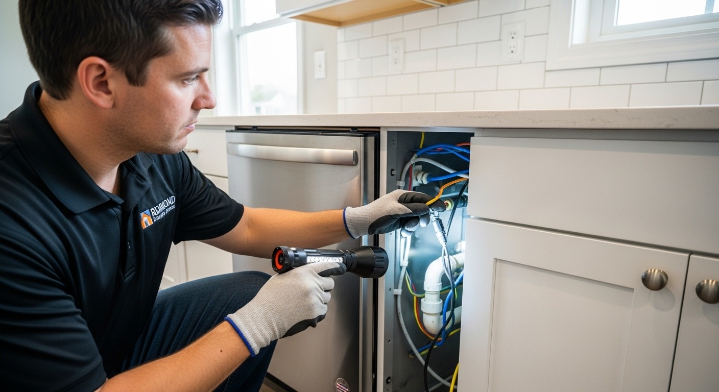 A professional home inspector checking kitchen appliances in a Richmond home.
