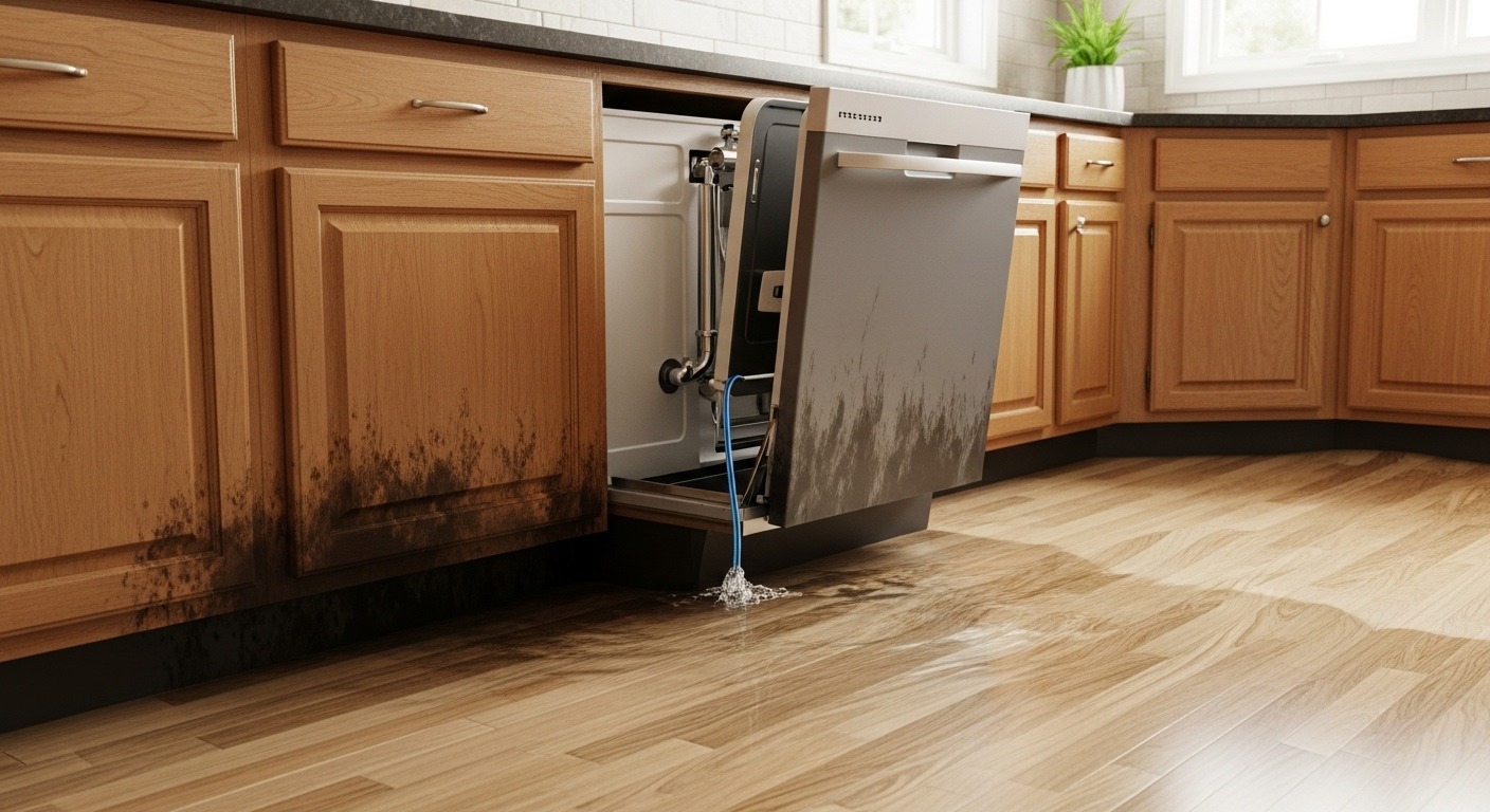 Water damage on a floor from an improperly installed dishwasher.