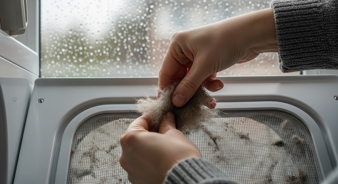 Woman performing dryer maintenance on a rainy winter day