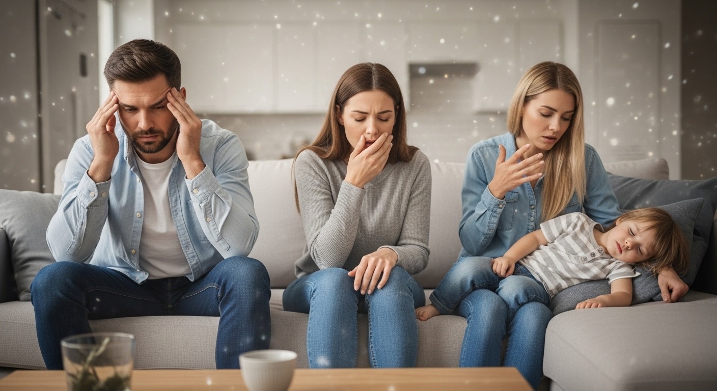 Family in living room showing symptoms of carbon monoxide poisoning like headaches and dizziness.
