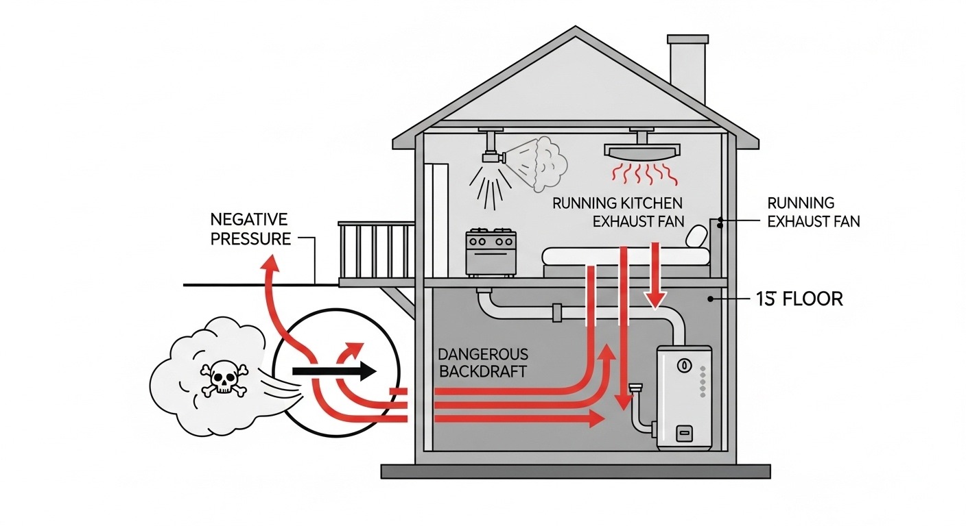 Diagram showing how backdrafting can pull carbon monoxide back into a home from a gas appliance.