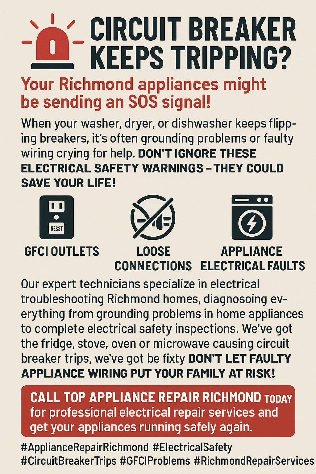 Infographic summarizing key takeaways for appliance grounding issues in Richmond