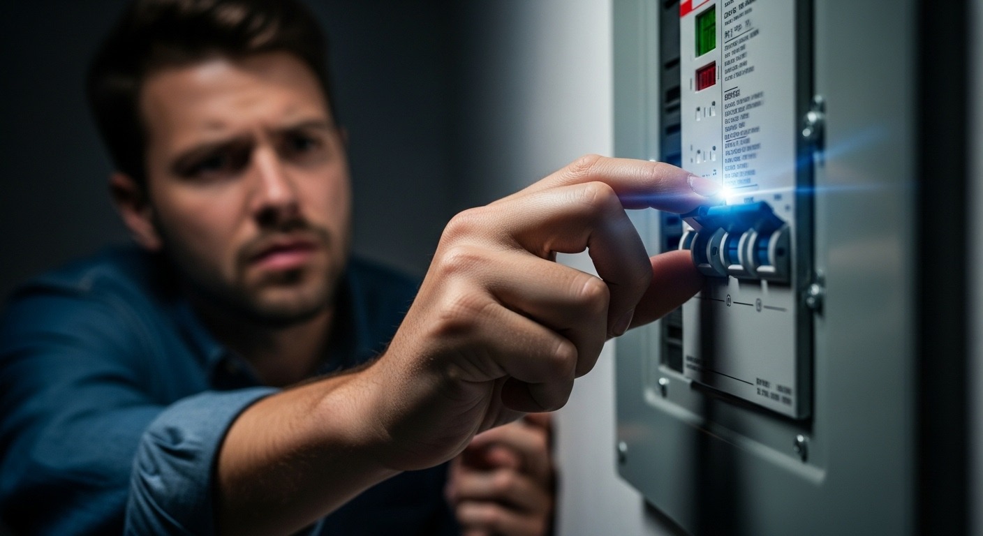 A Richmond homeowner resets a tripped circuit breaker in an electrical panel.