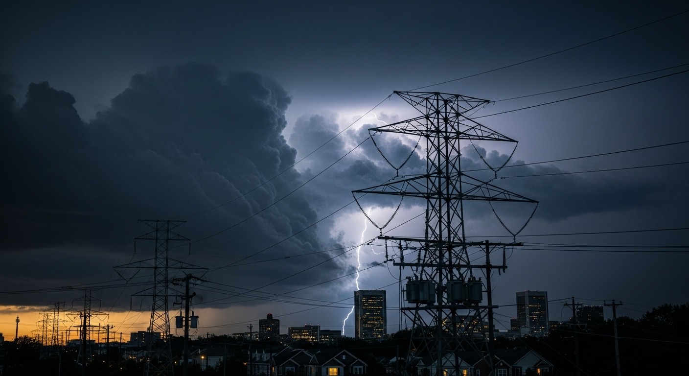 Storm clouds gather over Richmond power lines, symbolizing the risk of a power surge.