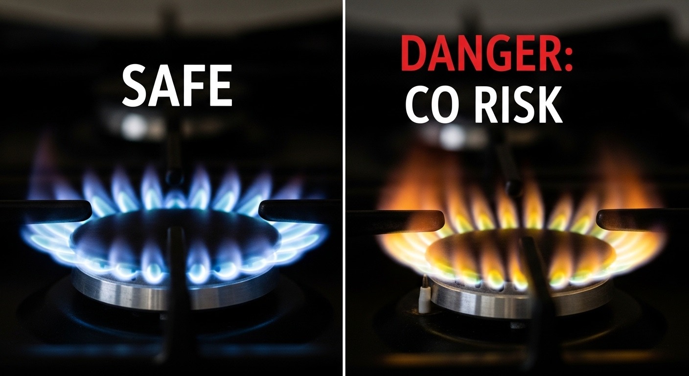 Comparison of a safe blue gas flame versus a dangerous yellow or orange flame indicating carbon monoxide production.
