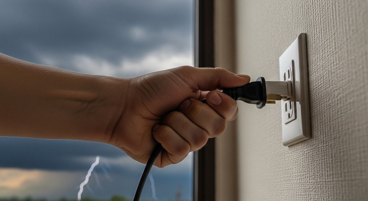 A person's hand unplugging a home appliance from a wall socket as a storm preparedness measure.