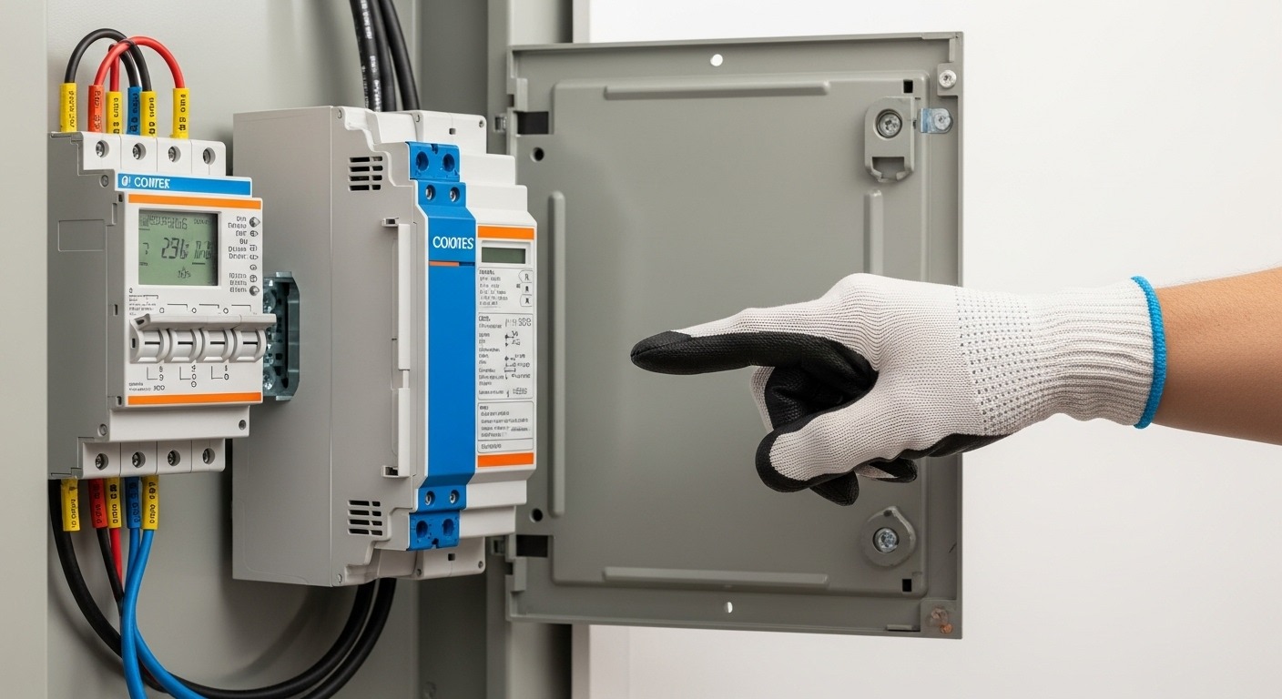 A close-up of a whole-home surge protector device installed inside a residential electrical panel.
