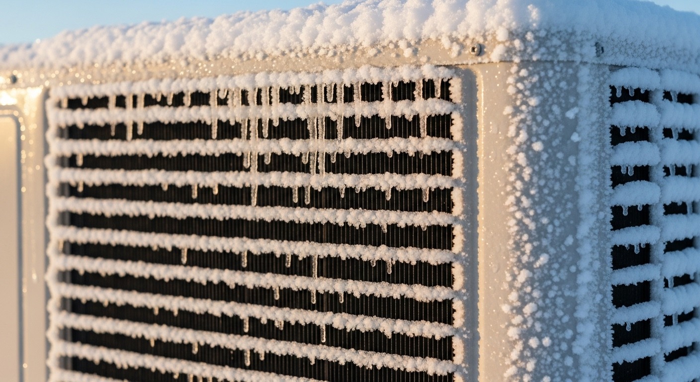 Frozen HVAC heat pump unit outdoor
