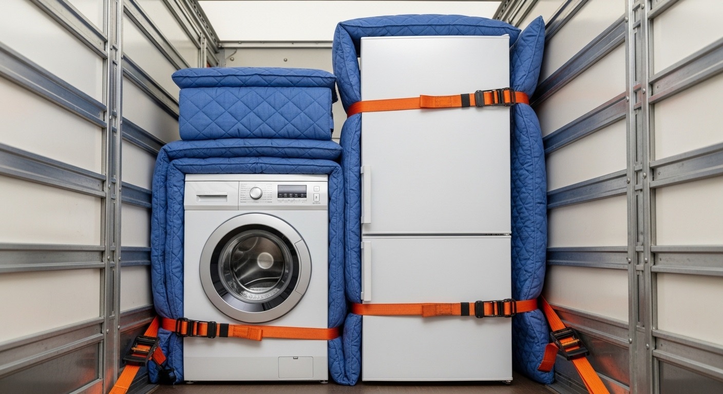 Safe appliance transport with straps and padding