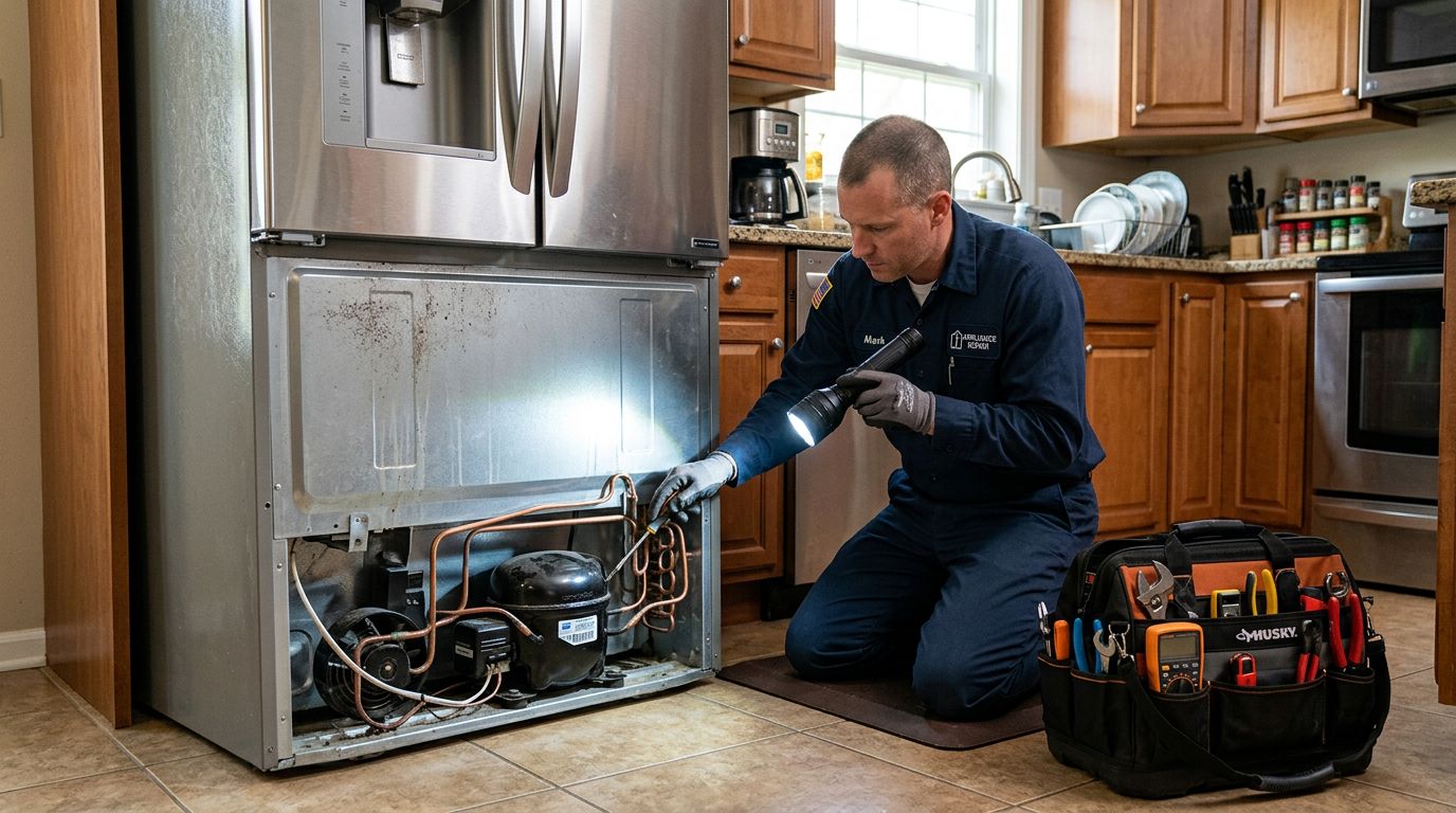 Appliance repair technician inspecting fridge compressor