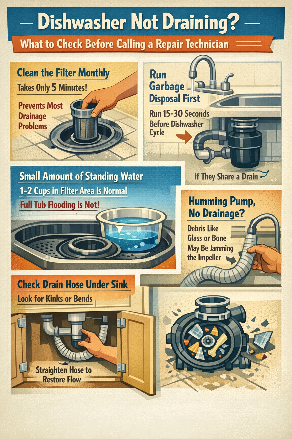 Dishwasher not draining key takeaways infographic